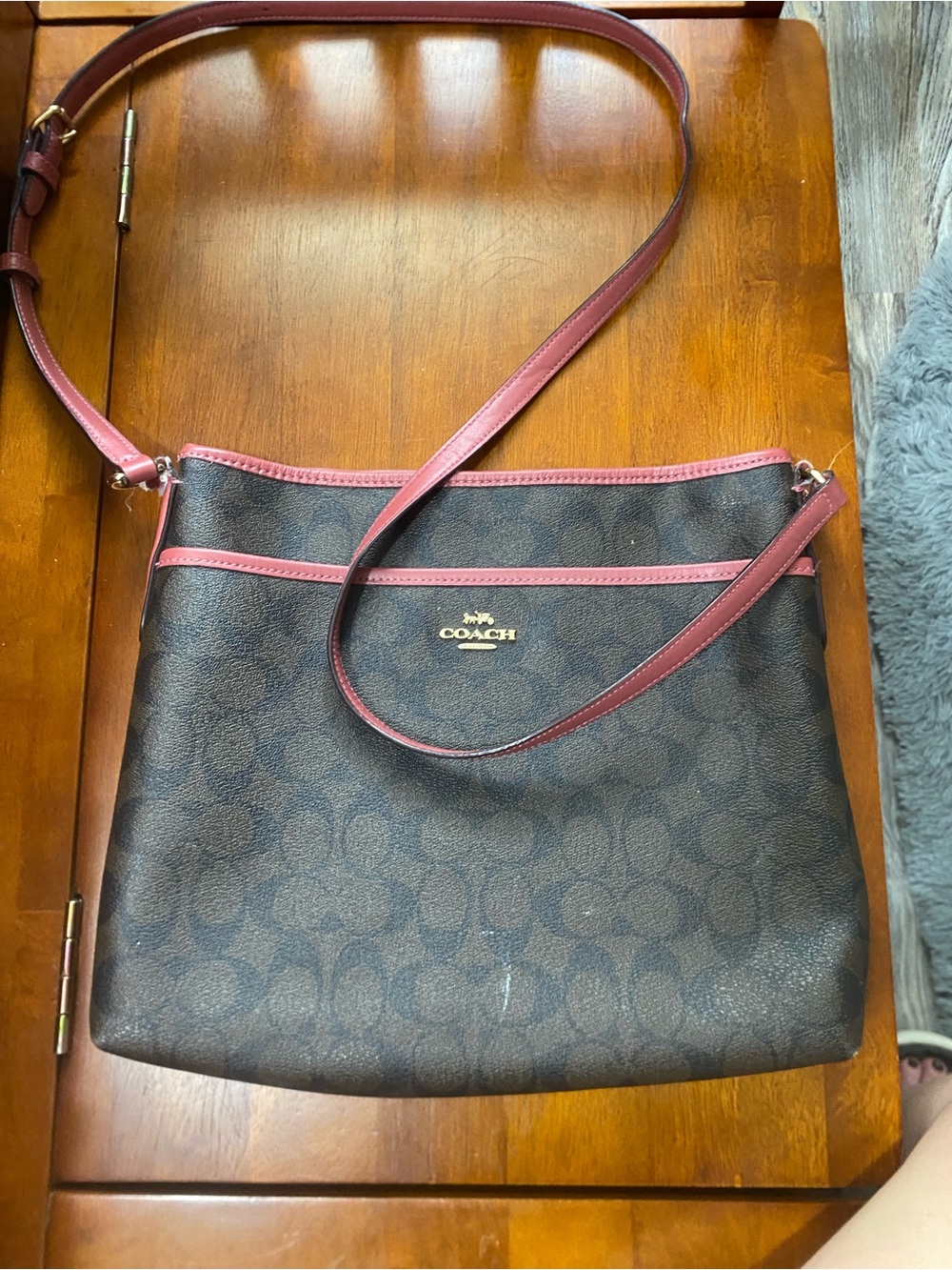 Coach Signature Crossbody Bag in Brown with Burgundy Trim